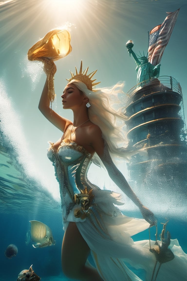 (+18) , 
A (sexy mermaid) wearing lady liberty head crown ,
Cleavage, 

the radiance of the sun's beams pierces through the water's surface into the sunken statue of liberty,
Stingrays and jelly fish in background,
pirate skull dream ,
pirate
