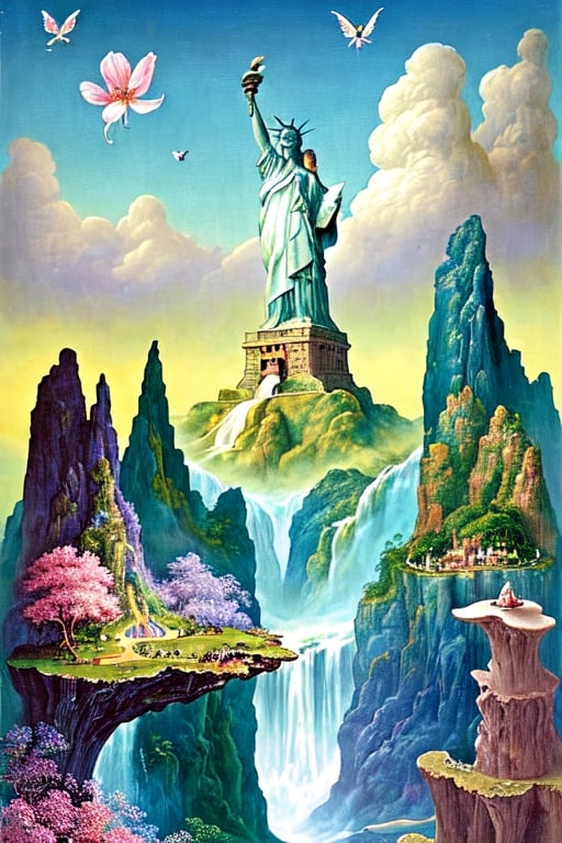 A breathtaking and surreal landscape inspired by dreams and imagination. 
The statue of Liberty in background,
The scene should depict floating islands, cascading waterfalls, and vibrant flora that defy the laws of gravity. 
The colors should be rich and vibrant, with a touch of otherworldly glow. This artwork invites viewers to escape reality and explore a realm of wonder and magic. It is perfect for wall art, album covers, and advertisements that seek to captivate the imagination. Illustrated by Hieronymus Bosch and Roger Dean.