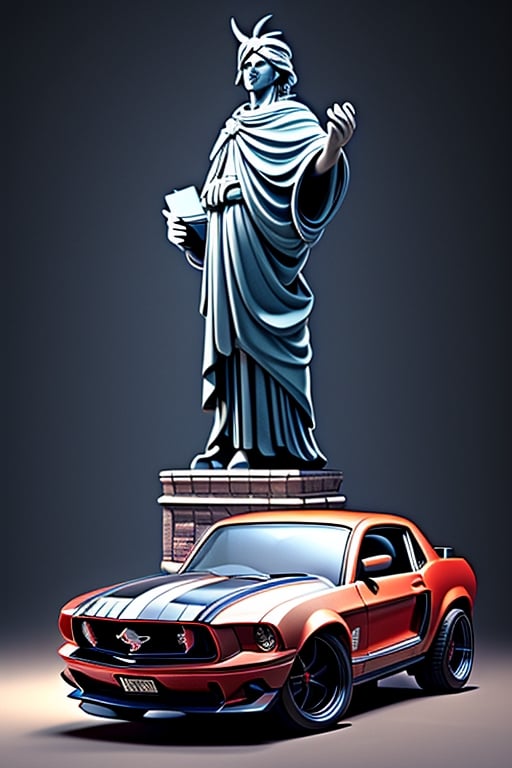 a yollow RC car, 
(Ford mustang) ,
The statue of Liberty in background, 
Studio lighting for a cinematic look, 
Dynamic and photo-realistic, 
Capturing the RC car in real-life detail.,3DMM