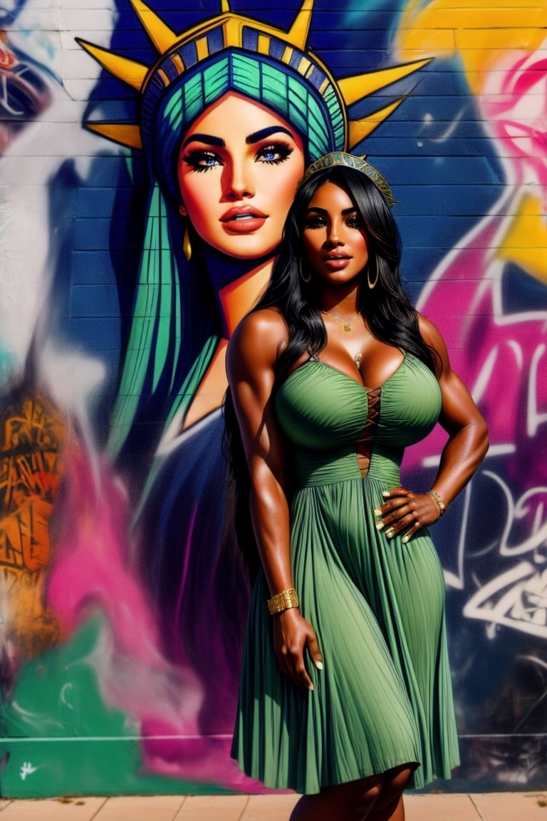 portrait of Arab Lady liberty [Serena Williams| Carrie Underwood], 
heroin chic, 
(Liberty Head crown) ,
Liberty Green dress,
Black hair ,
Standing beside a Wall graffiti painting,
,
#KALAL ,
,