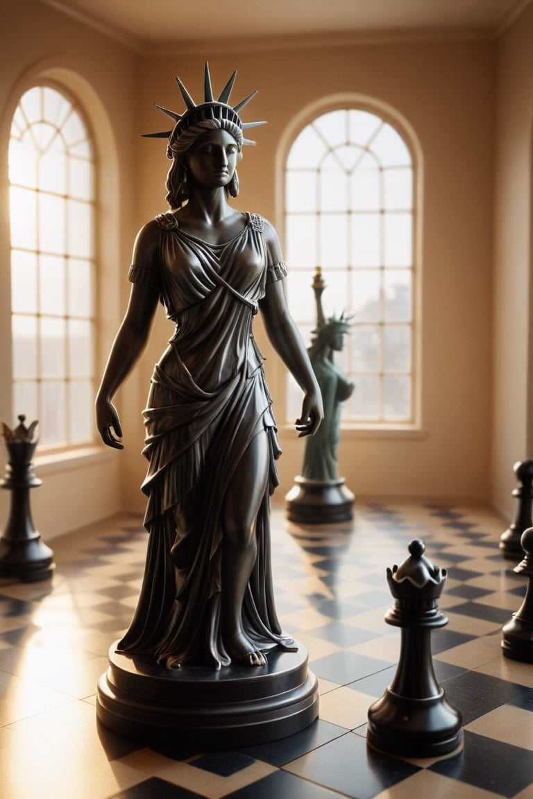 Realism, digital photo, 
Chess made of The statue of liberty,
Lady liberty Chess piece,
Wide angle lens,
Full body shot,
at Townhouse, 
dramatic light, 
bokeh, 
Mosaic-Like,cinematic_warm_color, add_more_creative,Obsidian_Diamond,ral-pnrse