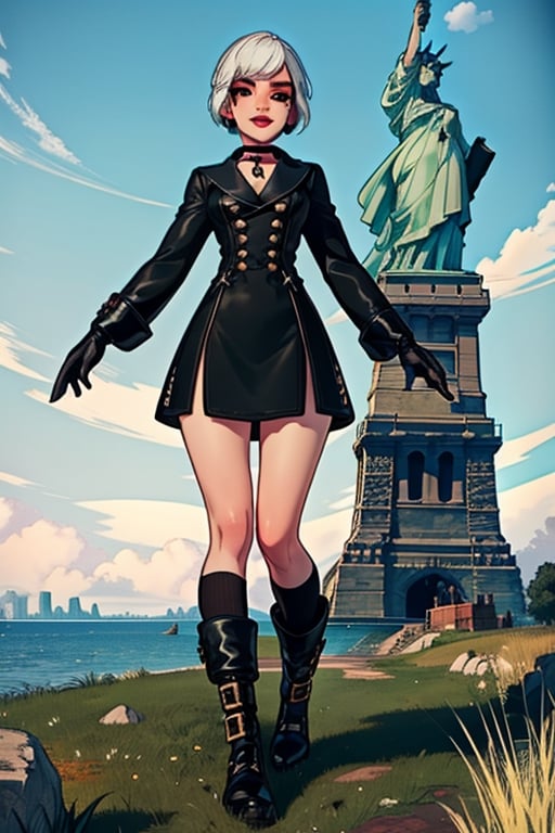 Yorha white hair,
short hair,
black choker,
Almond eyes,
lips,mole under mouth,  
standing, 
The statue of Liberty,
full body shot , 
smile, 
Thighs,
Cleavage,
Ygear, black gloves,
long sleeves ,black footwear, 
black skirt , black socks,
black jacket,buttons,
fog,  grass, 
(insanely detailed, beautiful detailed face, masterpiece, best quality)    