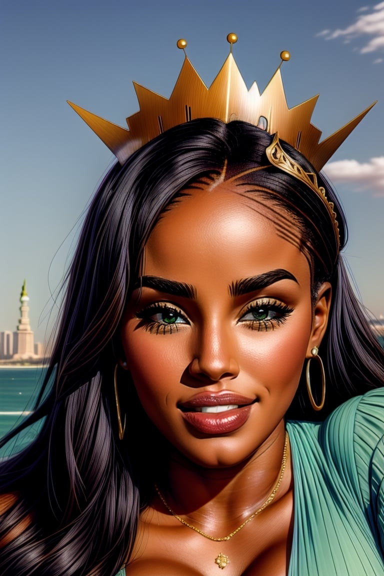 portrait of Lady liberty [Serena Williams| Carrie Underwood], 
heroin chic, 
((Liberty Head crown)) ,
Realistic,
Detailed,
Liberty Green dress,
Light skin,
Black hair ,
,
#KALAL ,
,