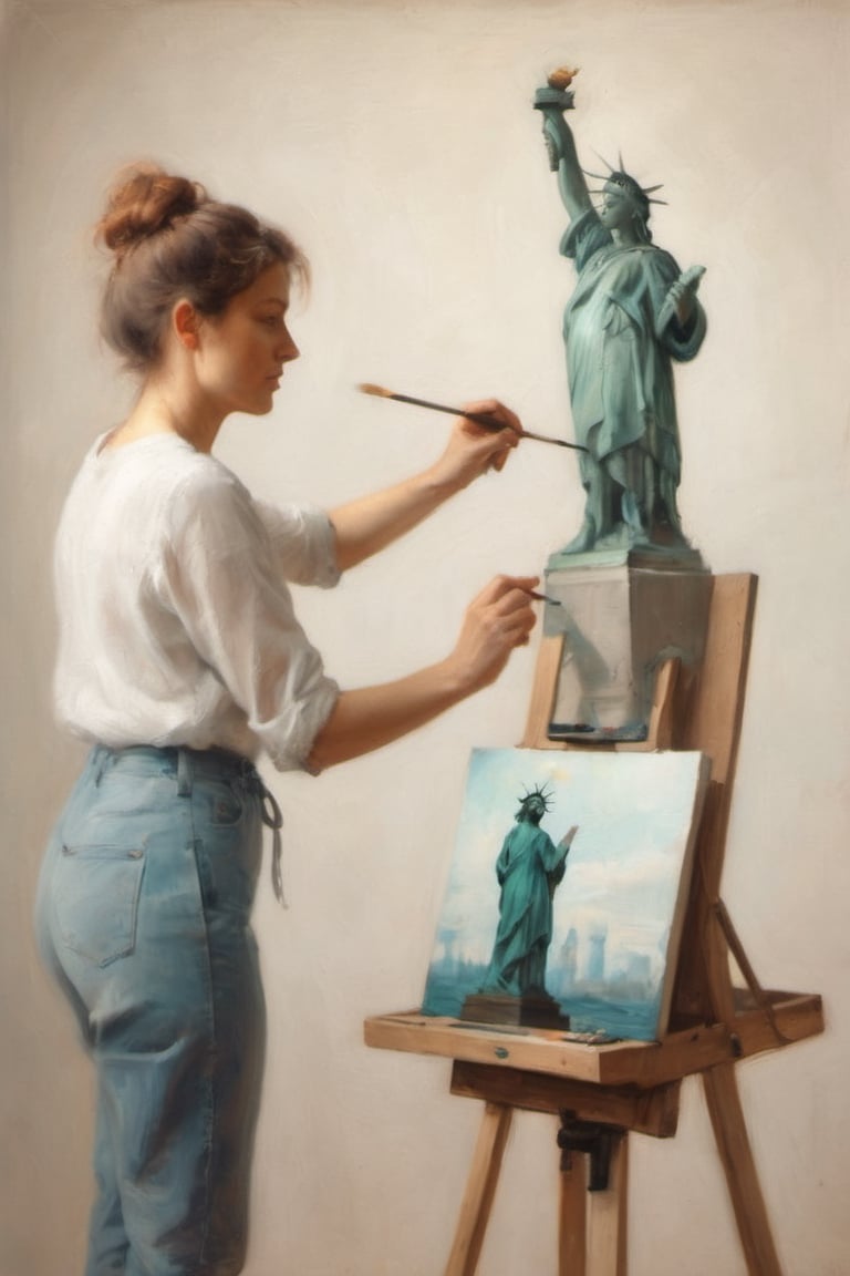 minimalist closeup portrait of an artist at work painting on her canvas easel of (The statue of Liberty Lady) ,
magical worlds ,
glowing magical energies ,
double exposure ,
bright background ,
high key lighting,
oil painting