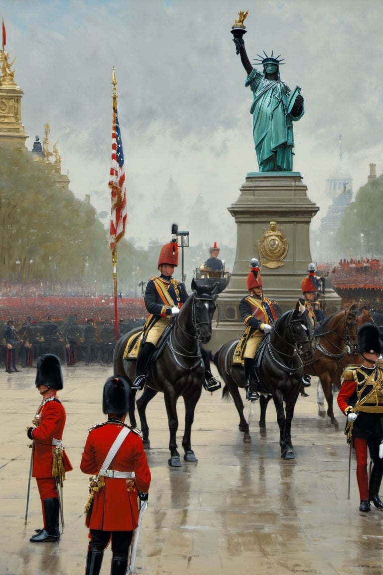 buckingham palace guards ,
In a parade,
Nearby,
(((The statue of liberty))) ,
Royal forces ,
Horses,
,
more detail XL,booth,more detail XL,,no humans,food ,painting by jakub rozalski