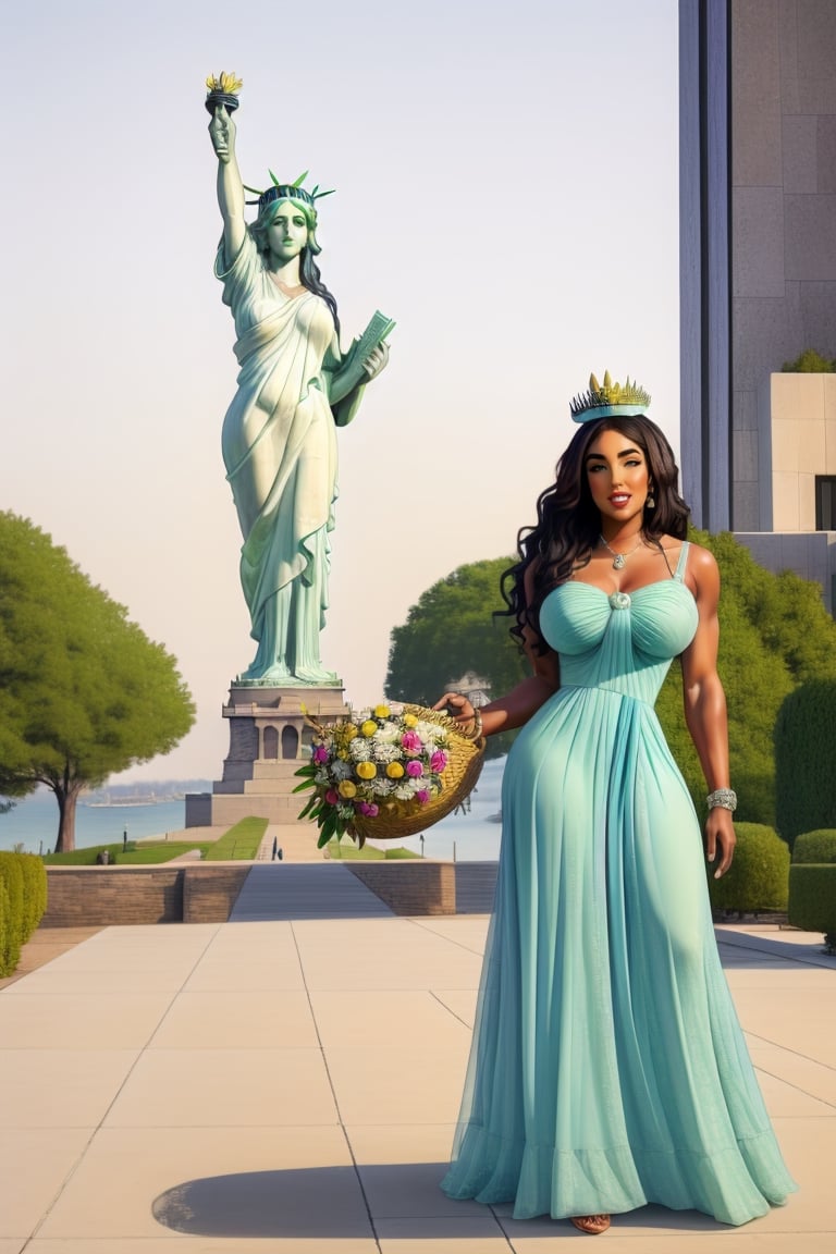 portrait of [Serena Williams| Carrie Underwood], heroin chic, 
Nearby The statue of liberty,
 accessories to complete the look might include vintage-style jewelry, 
a woven basket, and a bouquet of flowers , conservatory 
((Liberty Head crown)) ,
Liberty green dress,
Black hair,
Full body shot,
Focus on the statue of liberty,
,
#KALAL ,
,