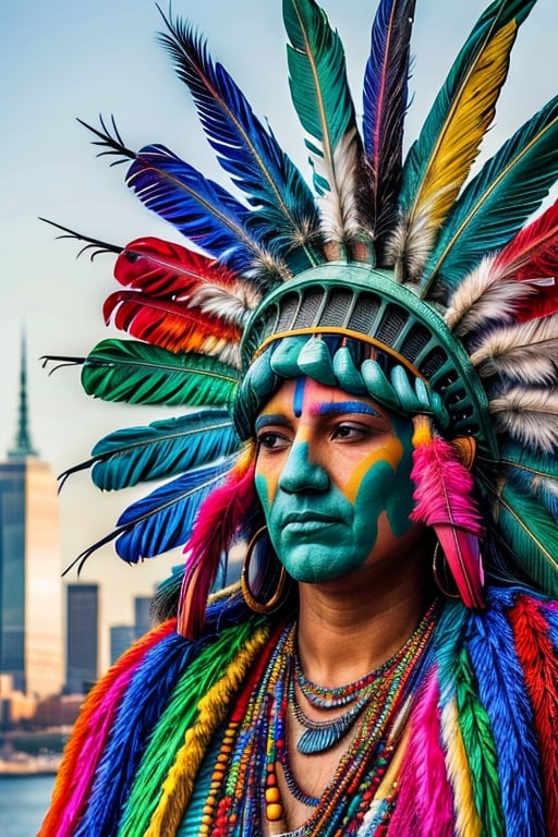 The statue of Liberty is a beautiful native american woman with a colorful feathered huge headdress on her head and a colorful feathered big tail,  large fluffy feathers,  
multicolor,  rainbow color, 
Full body shot,
 intricate detailed