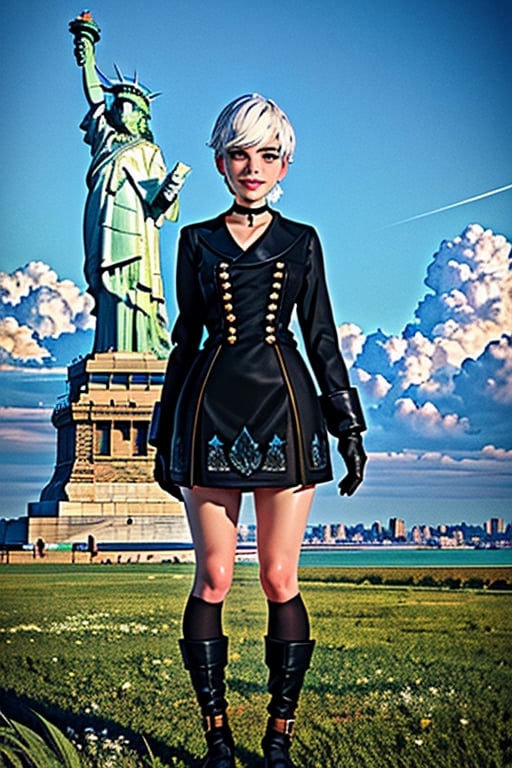 Yorha white hair,
short hair,
black choker,
Almond eyes,
lips,mole under mouth,  
standing, 
The statue of Liberty,
full body shot , 
smile, 
Thighs,
Cleavage,
Ygear, black gloves,
long sleeves ,black footwear, 
black skirt , black socks,
black jacket,buttons,
fog,  grass, 
Focus on the statue of Liberty,
(insanely detailed, beautiful detailed face, masterpiece, best quality)  ,
,photorealistic,realg,disney pixar style