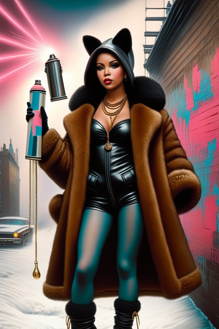 (+18) , NSFW ,
Sexy gothic Lady liberty in a fur coat electricboogaloostyle,, 
Brittany spears face ,
solo , sexy, gloves, long sleeves, holding, jewelry, standing, 
full body, shoes, black gloves, socks,, hood, necklace, coat, chain, sneakers, hood up, wall, brown coat, hooded coat, 
graffiti of The statue of liberty ,, 
spray can, in the style of esao andrews,Loona,esao andrews style