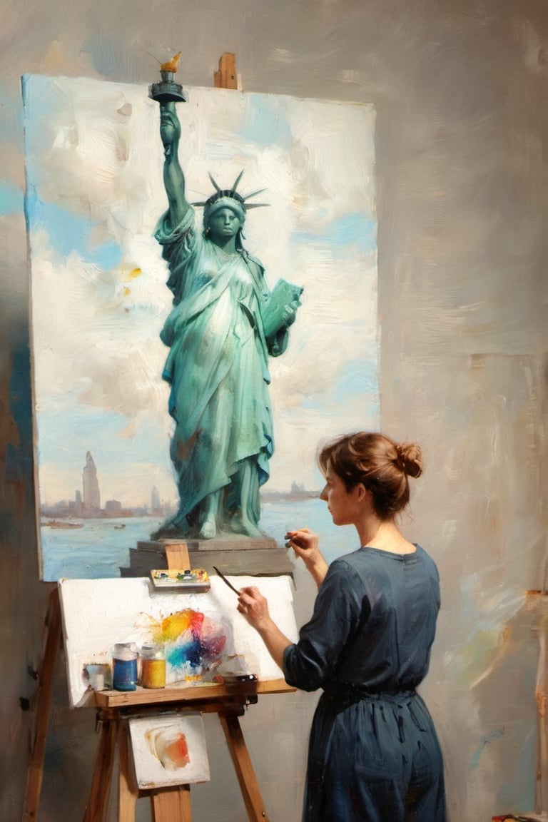 minimalist closeup portrait of an artist at work painting on her canvas easel of (The statue of Liberty) ,
magical worlds ,
glowing magical energies ,
double exposure ,
bright background ,
high key lighting,
The statue of Liberty in background,
,
oil painting