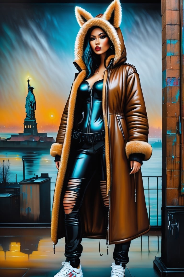 (+18) , NSFW ,
Sexy gothic statue of liberty in a fur coat electricboogaloostyle,, 

solo standing ,
full body,, hood, coat, sneakers, hood up, wall, brown coat, hooded coat, 
graffiti of The statue of liberty ,,
 in the style of esao andrews,Loona,esao andrews style