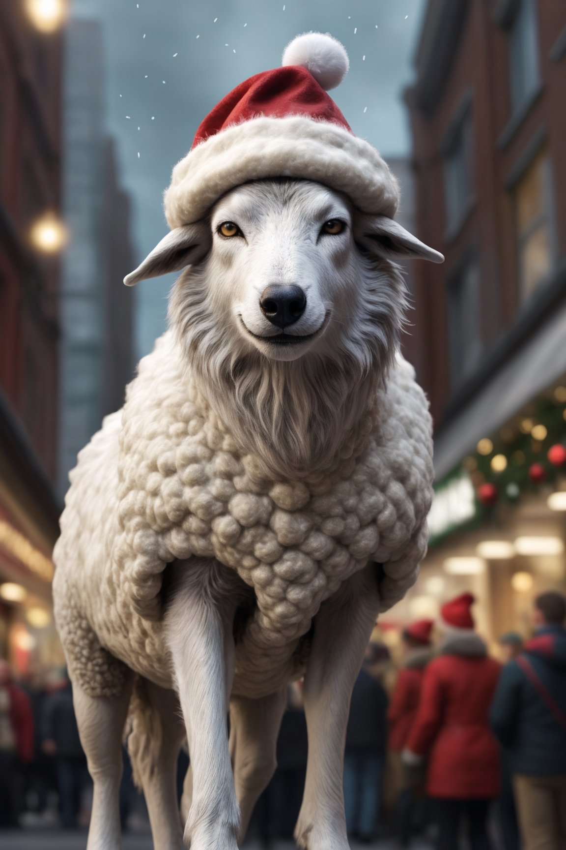 A wolf wearing a sheep cover skin, City  atmosphere , Christmas hat , realistic , detailed,