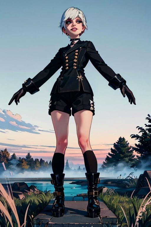 Yorha white hair,
short hair,
black choker,
Almond eyes,
lips,mole under mouth,  
standing, 
The statue of Liberty,
full body shot , 
smile, 
Ygear, black gloves,
long sleeves ,black footwear, 
black shorts, black socks,
black jacket,buttons,
deserted school yard, 
fog,  grass, 
(insanely detailed, beautiful detailed face, masterpiece, best quality)    