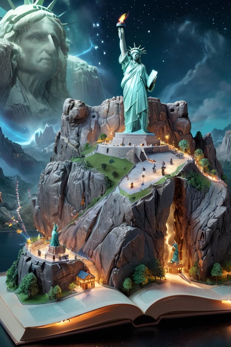 an open BookScenic with a picture of a Mount Rushmore,
the statue of liberty on the top ,
stunning fantasy 3d render, 
night background, 
flash image, 
safari background, 
projection mapping, 
or perhaps a fairy tale, 
American, 
designed in blender,
BookScenic,3d style,3d isometric,