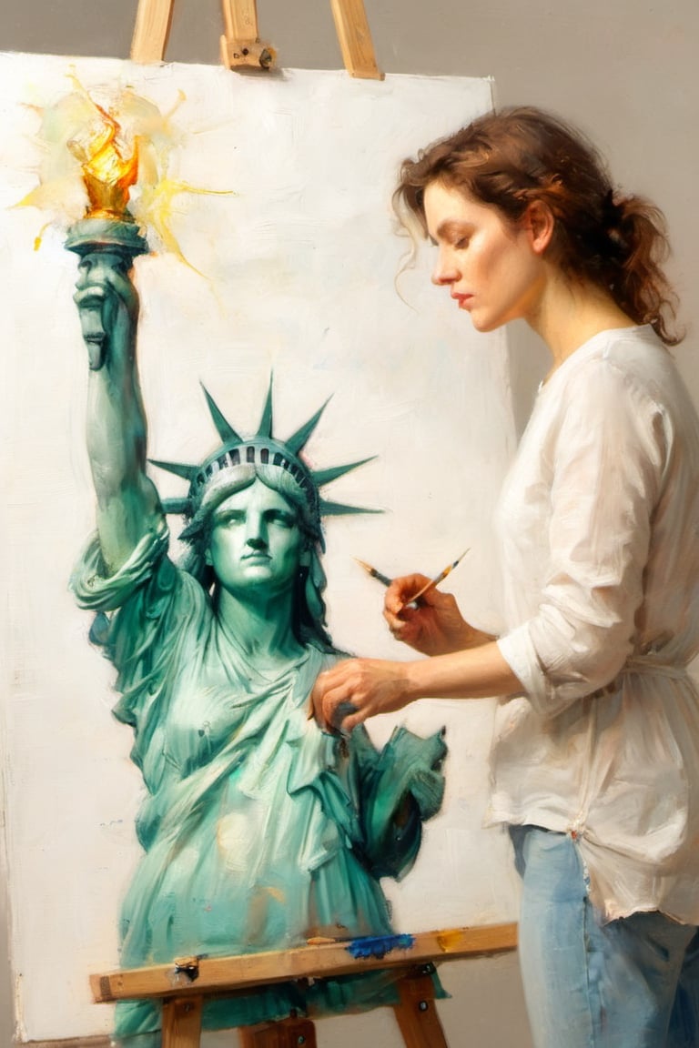 minimalist closeup portrait of an artist at work painting on her canvas easel of (The statue of Liberty) ,
magical worlds ,
glowing magical energies ,
double exposure ,
bright background ,
high key lighting,
oil painting