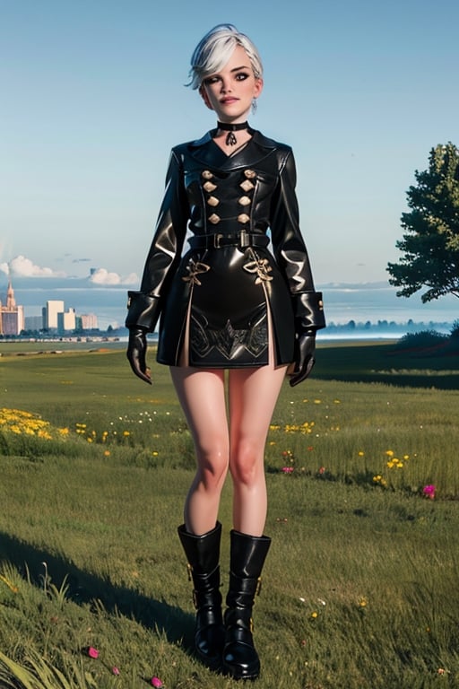 Yorha white hair,
short hair,
black choker,
Almond eyes,
lips,mole under mouth,  
standing, 
The statue of Liberty,
full body shot , 
smile, 
Thighs,
Cleavage,
Ygear, black gloves,
long sleeves ,black footwear, 
black skirt , black socks,
black jacket,buttons,
fog,  grass, 
(insanely detailed, beautiful detailed face, masterpiece, best quality)    ,photorealistic,realg,disney pixar style