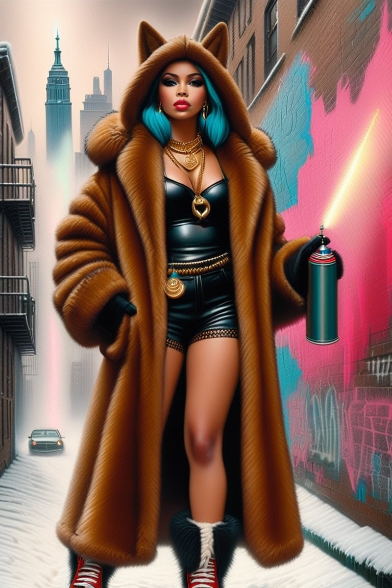 (+18) , NSFW ,
Sexy gothic Lady liberty in a fur coat electricboogaloostyle,, 
Brittany spears face ,
solo , sexy, gloves, long sleeves, holding, jewelry, standing, 
full body, shoes, black gloves, socks,, hood, necklace, coat, chain, sneakers, hood up, wall, brown coat, hooded coat, 
graffiti of The statue of liberty ,, 
spray can, in the style of esao andrews,Loona