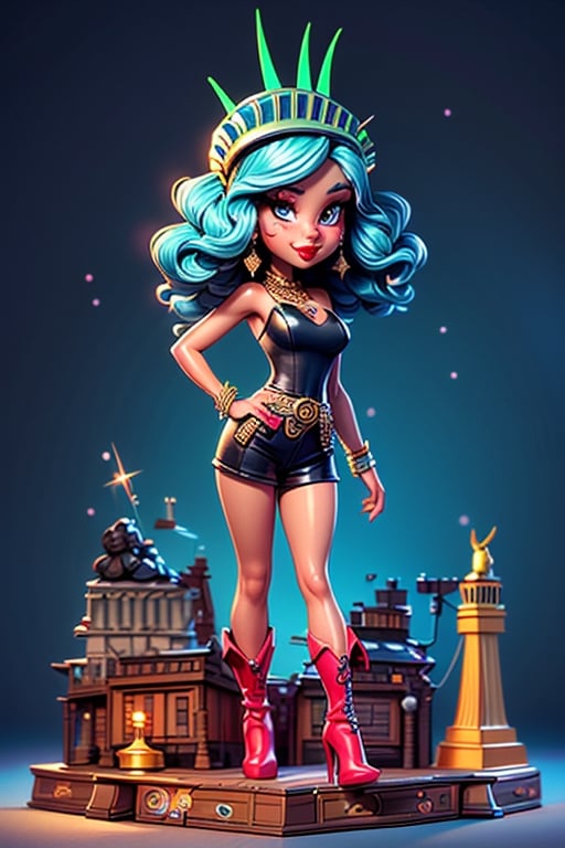 1girl, 
Full body shot,
short hair, 
Liberty head crown,
((Statue of liberty background)) ,
 jewelry, blue hair, 
Thigh high,
Boots,
earrings, dark skin, necklace, 
dark-skinned female, lips, 
makeup, colored skin, 
lipstick, gem, portrait, 
realistic, very dark skin.,disney pixar style,neon