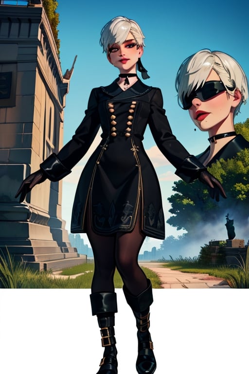 Yorha white hair,
short hair,
black choker,
Almond eyes,
lips,mole under mouth,  
standing, 
The statue of Liberty,
full body shot , 
smile, 
Ygear, black gloves,
long sleeves ,black footwear, 
black skirt , black socks,
black jacket,buttons,
fog,  grass, 
(insanely detailed, beautiful detailed face, masterpiece, best quality)    