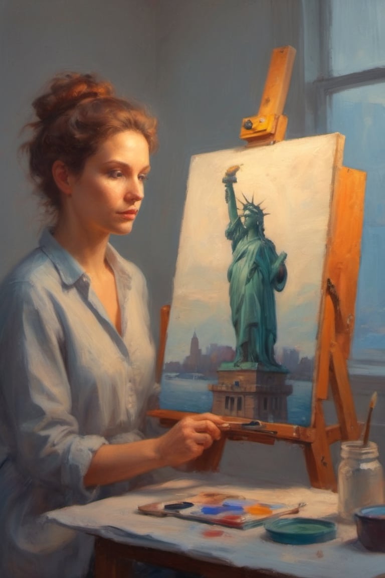 minimalist closeup portrait of an artist at work painting on her canvas easel of (The statue of Liberty Lady) ,
magical worlds ,
glowing magical energies ,
double exposure ,
bright background ,
high key lighting,
oil painting