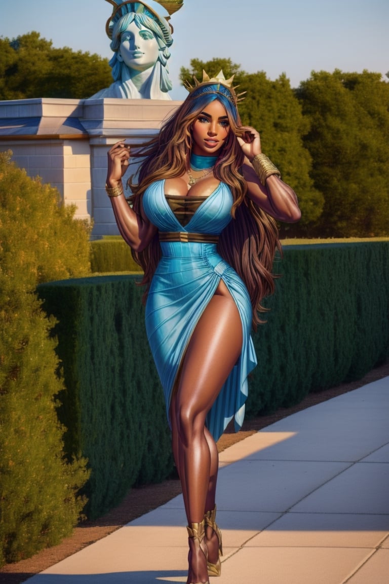 portrait of [Serena Williams| Carrie Underwood], heroin chic, 
The statue of liberty,
Wearing ((Liberty Head crown)) ,
The statue of liberty,
Medium breasts,
Liberty green dress,
Full body shot,
Focus on the statue of liberty,
,
#KALAL ,
,
 accessories to complete the look might include vintage-style jewelry, 
a woven basket, and a bouquet of flowers , 
conservatory ,natalia_bc