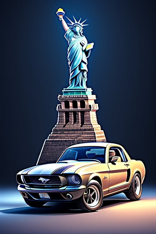 a yollow RC car, 
(Ford mustang) ,
The statue of Liberty in background, 
Studio lighting for a cinematic look, 
Dynamic and photo-realistic, 
Capturing the RC car in real-life detail.,3DMM