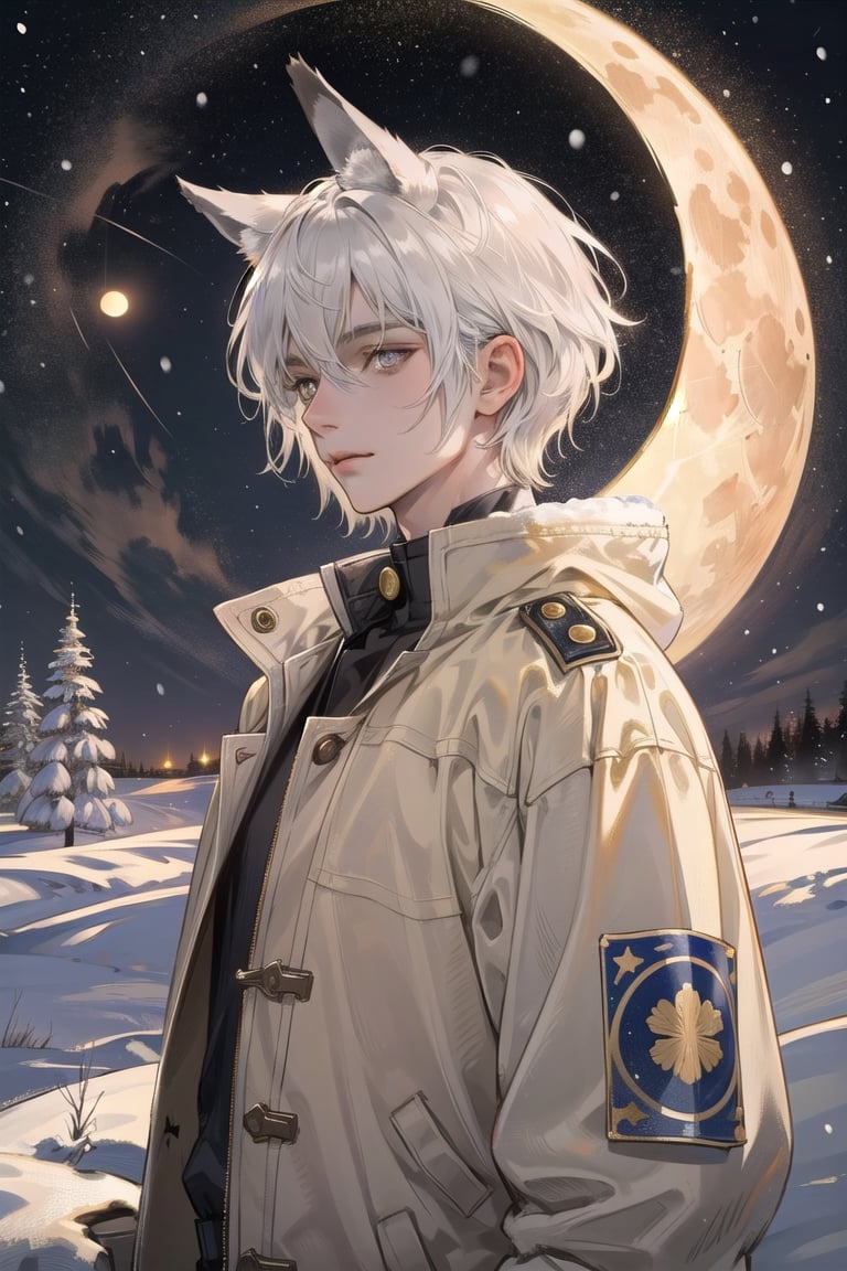 (Dark gray eyes, short hair), alphonse mucha, masterpiece, best quality, ultra detailed, highly detailed, perfect face, 1 man, short hair, white hair, yellow eyes (perfect male body), wearing a brown winter jacket, wearing an ushanka, dark colors, night, in the snow, moon stars in the sky,amidef,animal ears