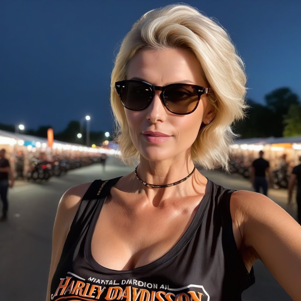 "Style:: Generate a selfie made by a mature woman, depicting a ((motorcycle festival at night)) Harley Davidson Rider, Classic Motorcycles, dusk, neon lights"
Create a (((selfie))) made by a (((55-year-old European female teacher))) with pale skin, inperfect skin, small_breasts, tiny breasts; and a sleek slim silhouette. She has blonde hair with a messy bun, long oval face with warm and friendly look, small thin lips, light makeup, wearing ((glasses)), (((tight sheer band shirt with deep neckline, necklace))), NSFW