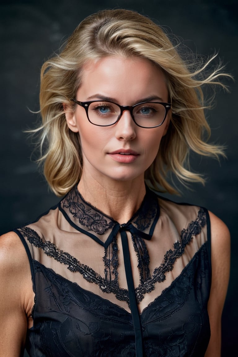 ((best quality)), ((masterpiece)), ((realistic)), (detailed), beautiful teacher in her 40's with full eyes with shoulder-lengh blonde detailed hair with detailed face and detailed body with glasses, detailed skin, sheer blouse, captured with analog SLR camera, unsplash, no watermark, photograhped by Peter Lindbergh
