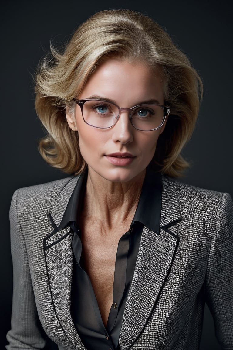 ((best quality)), ((masterpiece)), ((realistic)), (detailed), beautiful teacher in her 50's with full eyes with shoulder-lengh blonde detailed hair with detailed face and detailed body with glasses, detailed skin, officesuit with sheer blouse, captured with analog SLR camera, unsplash, no watermark, photographed by Peter Lindbergh
,downblouse