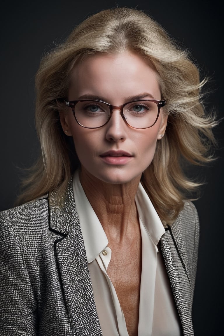 ((best quality)), ((masterpiece)), ((realistic)), (detailed), beautiful teacher in her 50's with full eyes with shoulder-lengh blonde detailed hair with detailed face and detailed body with glasses, detailed skin, officesuit with sheer blouse, captured with analog SLR camera, unsplash, no watermark, photographed by Peter Lindbergh
,downblouse