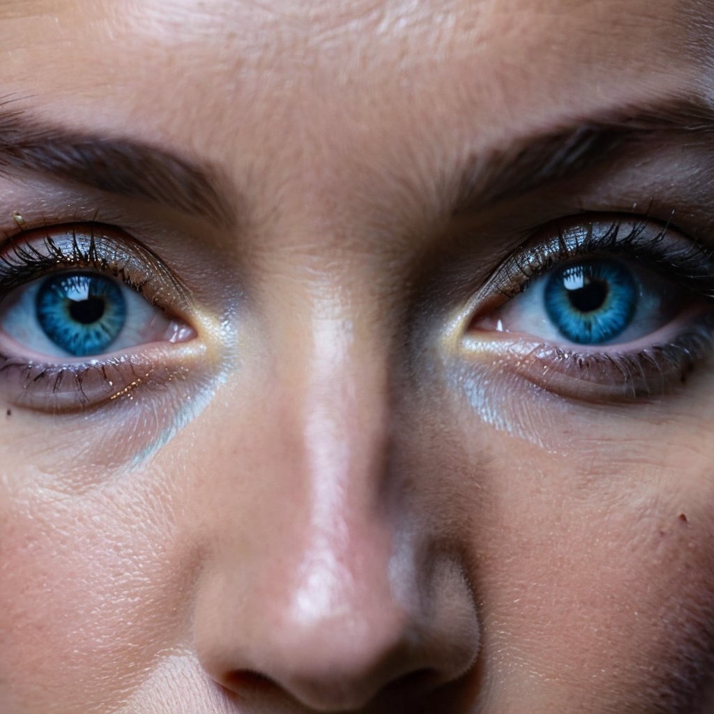 The left half of a 50-year-old woman's face with blonde hair and a messy bun, wearing glasses, is captured on a (extreme close-up:1.5) film photograph. It is pitch black and the light from the upper-left side falls on the half side of her face. The light isn't too bright, but It's just enough to barely reveal her magnificient cosmic blue eyes and the immediate areas around it in a very sharp, high detail, casting a striking effect on her retinas, making it shines and looked so gorgeous and identical to a woman's. The photograph should showcase (only the half side of her face, focusing mainly on her eye:1.3). Shot on a kodak, (half face), (front view:1.5), (facing viewer:1.5), (vignette:1.2), shallow depth of field, masterpiece, best quality, ultra hires, 4k, HDR,  sharp focus, vibrant colors, cinematic lighting, cinematic photography, hyper realistic, ultra detailed, detailed eyes, perfect eyes.,photorealistic