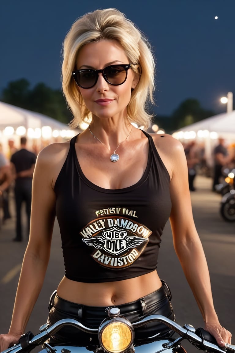 "Style:: Generate a selfie made by a mature woman, depicting a ((motorcycle festival at night)) Harley Davidson Rider, Classic Motorcycles, dusk, low light"
Create a (((selfie))) made by a (((55-year-old European female teacher))) with pale skin, inperfect skin, small_breasts, tiny breasts; and a sleek slim silhouette. She has blonde hair with a messy bun, long oval face with warm and friendly look, small thin lips, light makeup, wearing ((glasses)), (((tight sheer band shirt with deep neckline, necklace)))