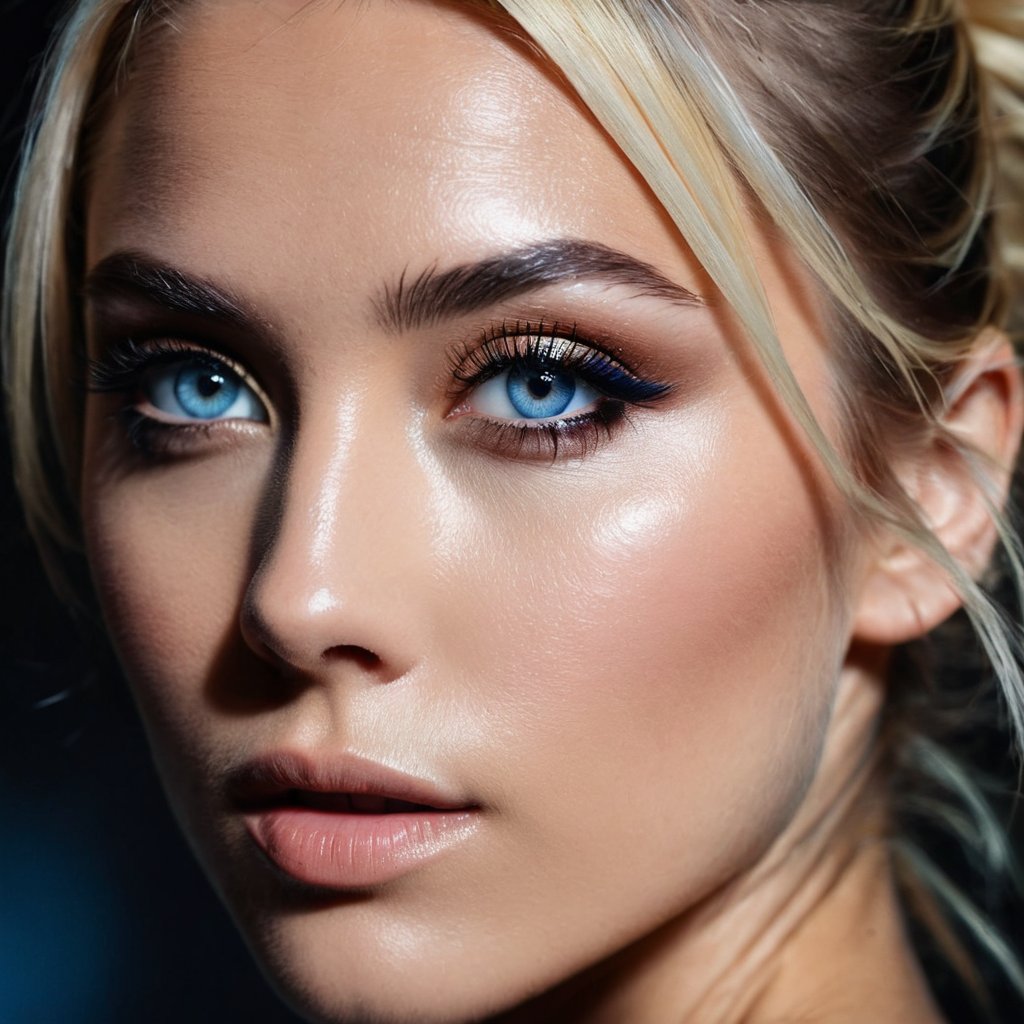 The left half of a woman's face with blonde hair and a messy bun is captured on a (extreme close-up:1.5) film photograph. It is pitch black and the light from the upper-left side falls on the half side of her face. The light isn't too bright, but It's just enough to barely reveal her magnificient cosmic blue eyes and the immediate areas around it in a very sharp, high detail, casting a striking effect on her retinas, making it shines and looked so gorgeous and identical to a woman's. The photograph should showcase (only the half side of her face, focusing mainly on her eye:1.3). Shot on a kodak, (half face), (front view:1.5), (facing viewer:1.5), (vignette:1.2), shallow depth of field, masterpiece, best quality, ultra hires, 4k, HDR,  sharp focus, vibrant colors, cinematic lighting, cinematic photography, hyper realistic, ultra detailed, detailed eyes, perfect eyes.,photorealistic