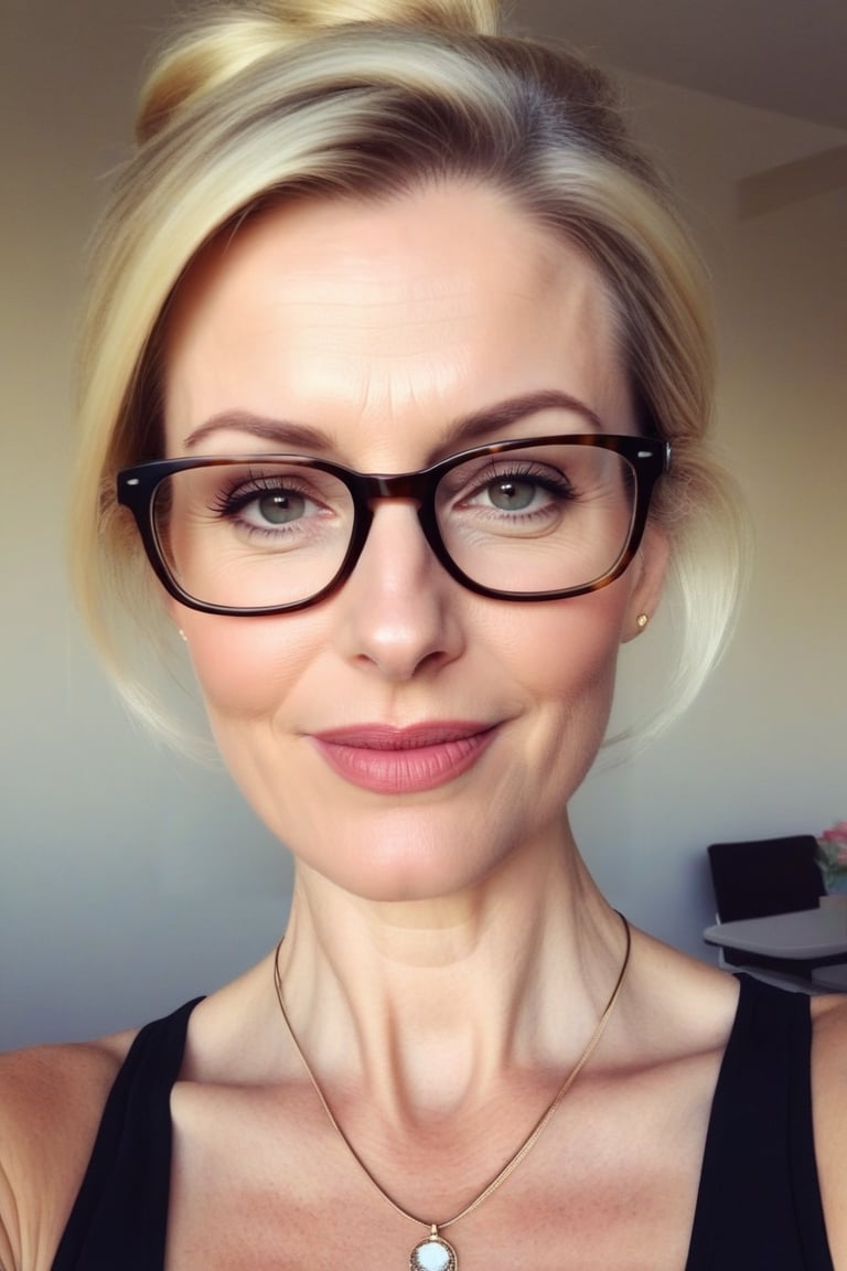 Create a selfie made with an old iphone of a (((55-year-old European female teacher))) with pale skin, perfect shape body, small_breast, pendant_breasts and a sleek silhouette, inperfect skin. She has blonde hair with a messy bun, long oval face with warm and friendly look, small thin lips, light makeup, wearing ((glasses))