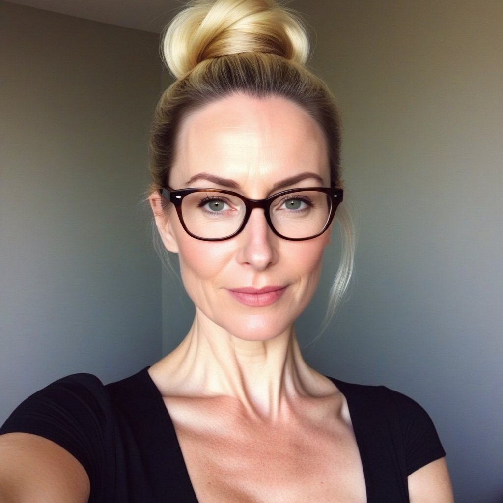 Create a selfie of a (((48-year-old European female teacher))) with pale skin, perfect shape body, small_breast, pendant_breasts and a sleek silhouette, inperfect skin. She has blonde hair with a messy bun, long oval face with warm and friendly look, small thin lips, light makeup, wearing ((glasses)),photo r3al
