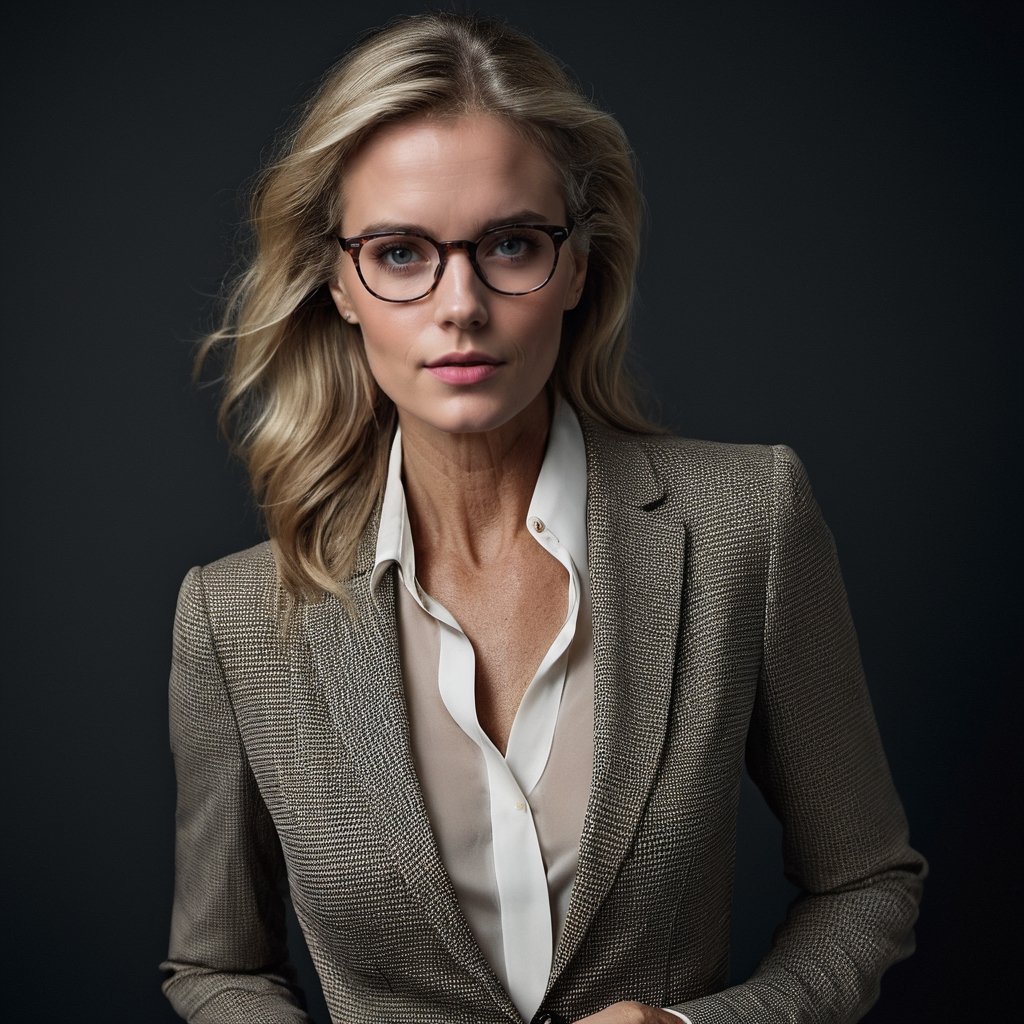 ((best quality)), ((masterpiece)), ((realistic)), (detailed), beautiful teacher in her 40's with full eyes with shoulder-lengh blonde detailed hair with detailed face and detailed body with glasses, detailed skin, officesuit with sheer blouse, captured with analog SLR camera, unsplash, no watermark, photographed by Peter Lindbergh
,downblouse