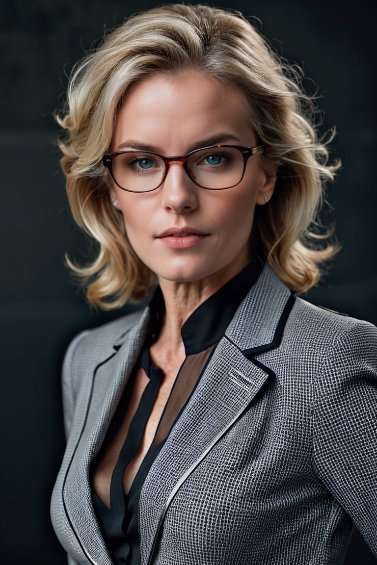 ((best quality)), ((masterpiece)), ((realistic)), (detailed), beautiful teacher in her 50's with full eyes with shoulder-lengh blonde detailed hair with detailed face and detailed body with glasses, detailed skin, officesuit with sheer blouse, captured with analog SLR camera, unsplash, no watermark, photographed by Peter Lindbergh
