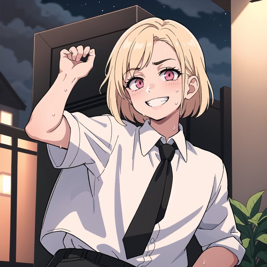 (best quality, masterpiece), 1girl, looking at viewer, smile, short hair, blonde hair, brown hair, shirt, black hair, 1boy, white shirt, sweat, necktie, sky, collared shirt, pink eyes, grin, night, formal, black necktie