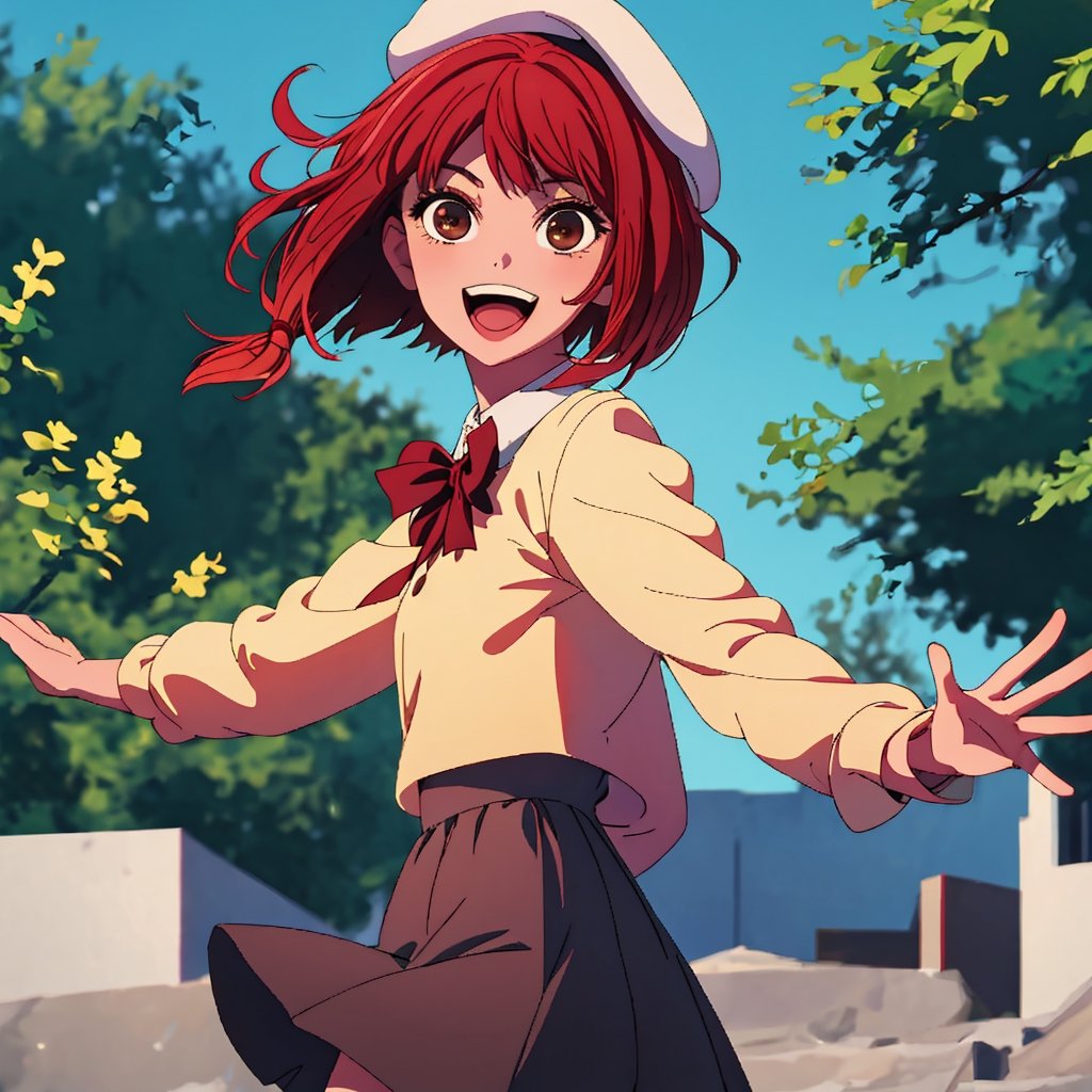 (best quality, masterpiece), 1girl, solo, looking at viewer, smile, short hair, open mouth, skirt, hat, bow, brown eyes, red hair, dated, beret, waving