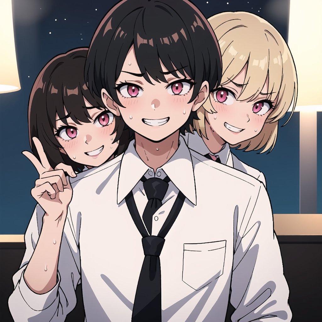 (best quality, masterpiece), 1girl, looking at viewer, smile, short hair, blonde hair, brown hair, shirt, black hair, 1boy, white shirt, sweat, necktie, sky, collared shirt, pink eyes, grin, night, formal, black necktie