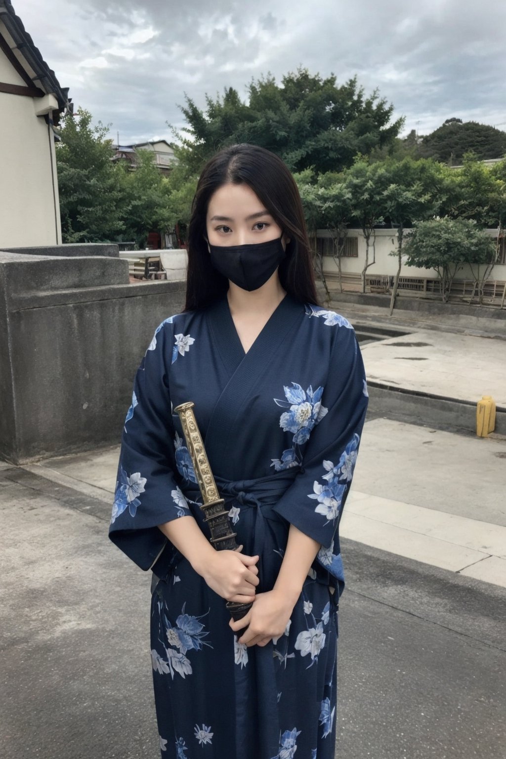 An image of samurai girl, wearing blue coloured short kimono, covering her mouth with an oni mask, holding sharp katana, standing at roof of the asian house at japaneese town in night, finding her target,