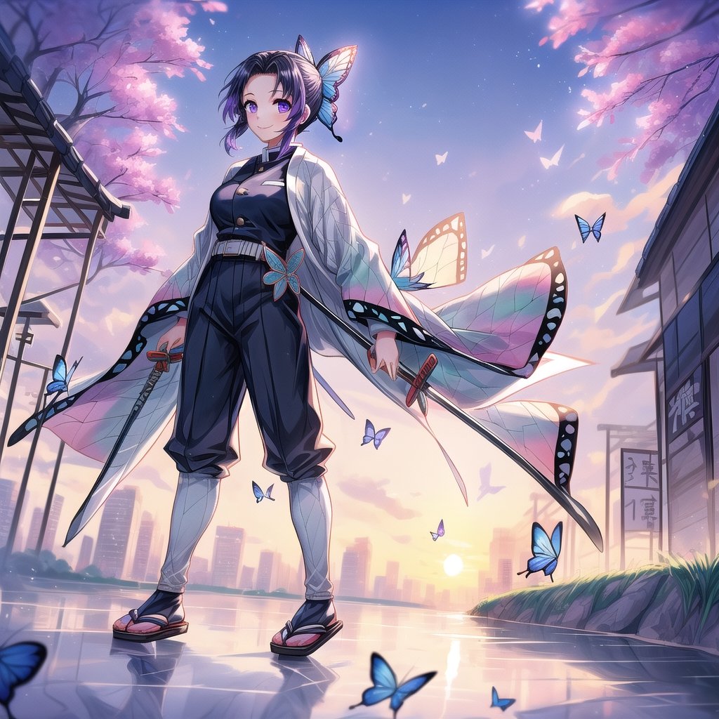 1girl, solo, looking at viewer, smile, short hair, simple background, black hair, hair ornament, long sleeves, standing, purple eyes, full body, weapon, purple hair, multicolored hair, japanese clothes, belt, pants, sword, uniform, katana, butterfly hair ornament, haori, white belt, demon slayer uniform, butterfly print, kochou shinobu,outdoors, sky, cloud, water, tree, no humans, grass, building, scenery, reflection, sunset, city, cityscape, bare tree,kochou shinobu,1 girl