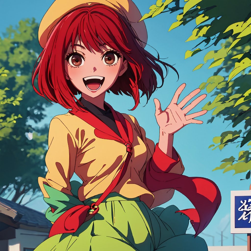 (best quality, masterpiece), 1girl, solo, looking at viewer, smile, short hair, open mouth, skirt, hat, bow, brown eyes, red hair, dated, beret, waving