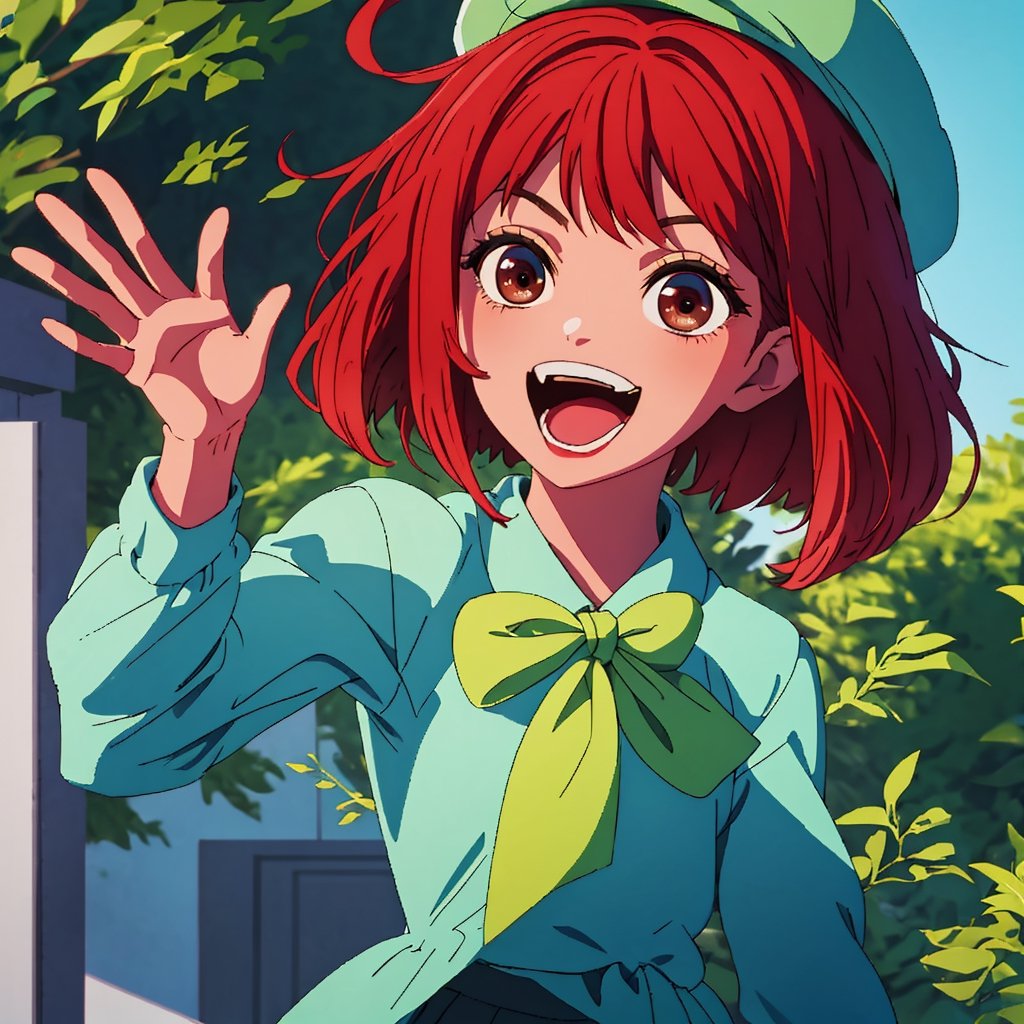 (best quality, masterpiece), 1girl, solo, looking at viewer, smile, short hair, open mouth, skirt, hat, bow, brown eyes, red hair, dated, beret, waving