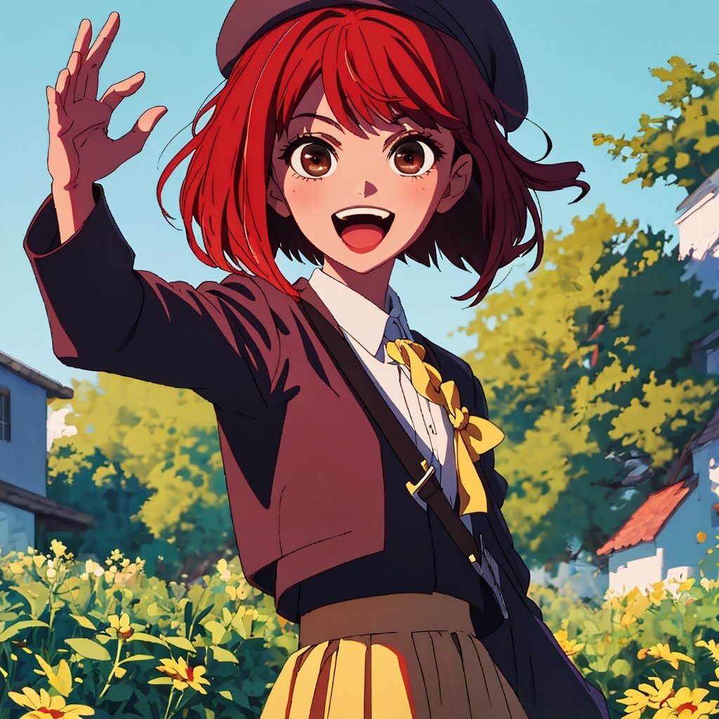 (best quality, masterpiece), 1girl, solo, looking at viewer, smile, short hair, open mouth, skirt, hat, bow, brown eyes, red hair, dated, beret, waving