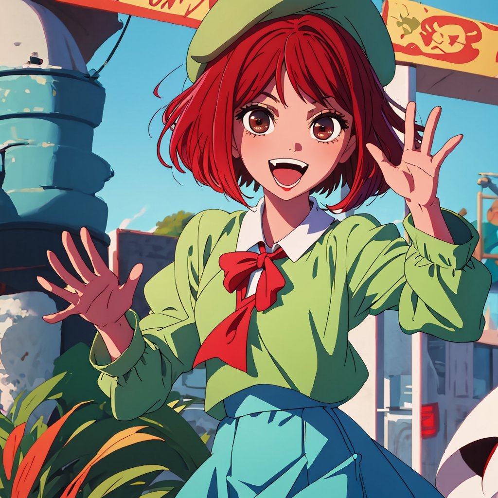 (best quality, masterpiece), 1girl, solo, looking at viewer, smile, short hair, open mouth, skirt, hat, bow, brown eyes, red hair, dated, beret, waving