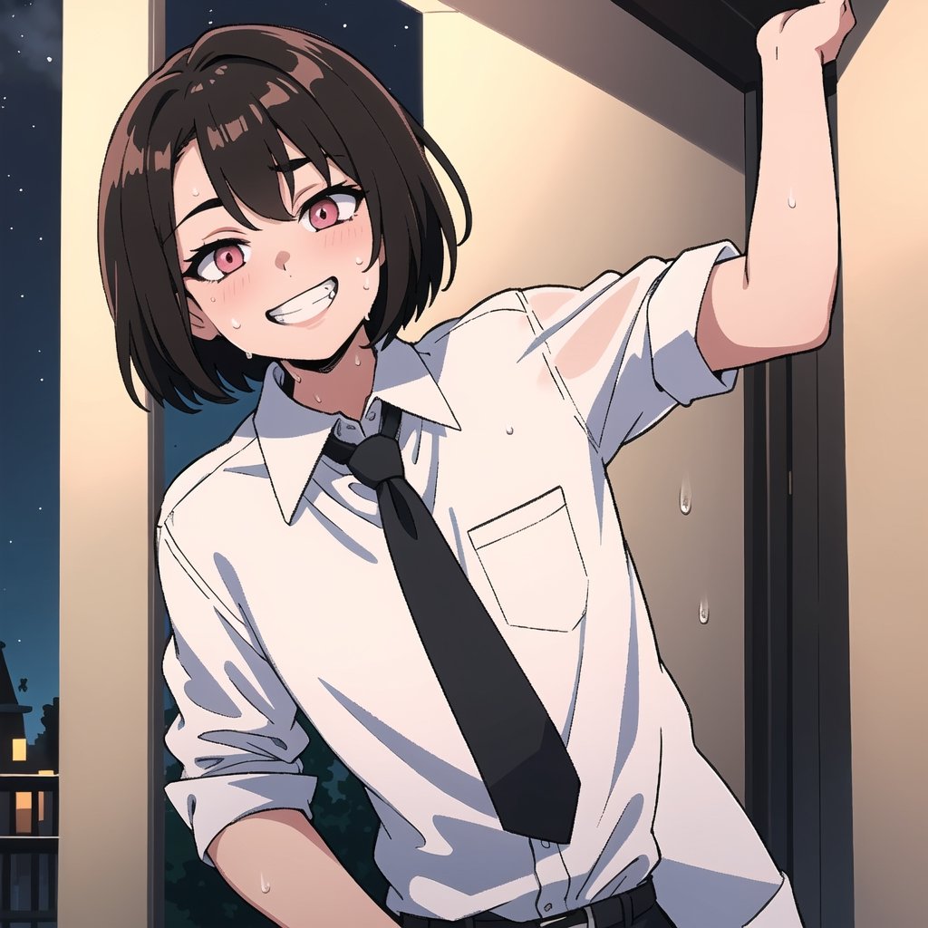 (best quality, masterpiece), 1girl, looking at viewer, smile, short hair, blonde hair, brown hair, shirt, black hair, 1boy, white shirt, sweat, necktie, sky, collared shirt, pink eyes, grin, night, formal, black necktie