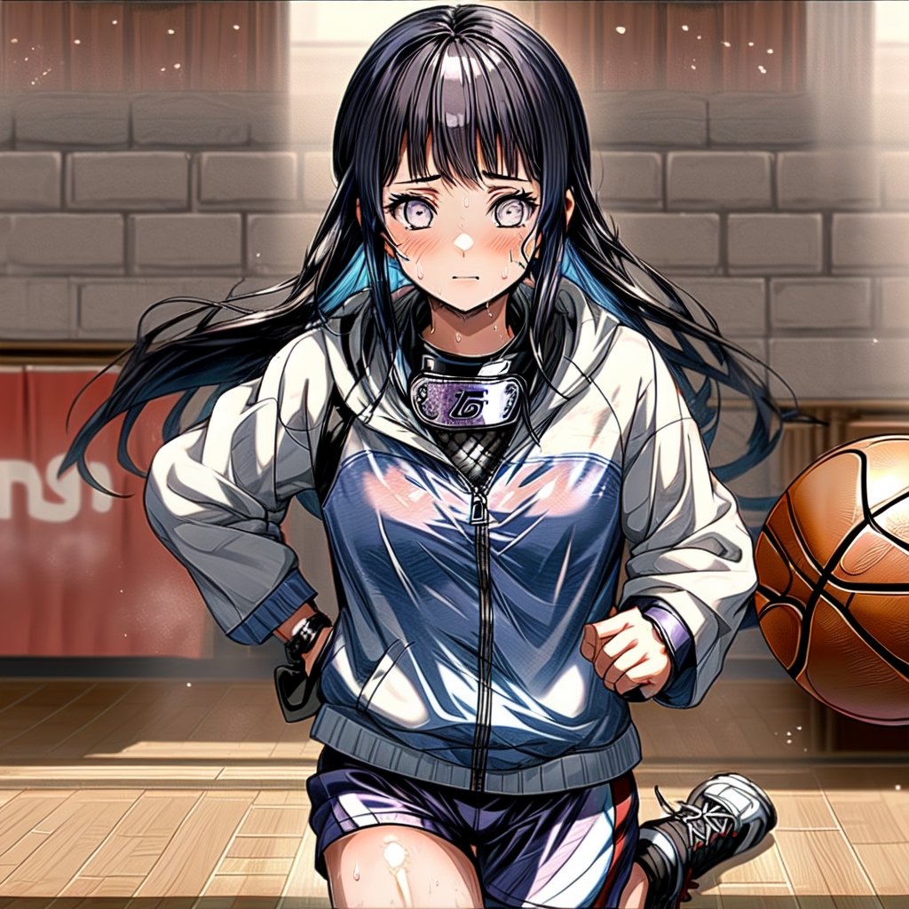 masterpiece,highly detailed,1girl,solo,hinata 
wearing japaneese track uniform,playing basketball,woodenfloor,basketball at floor,chest is covered with sweat transparent,H1N4T4