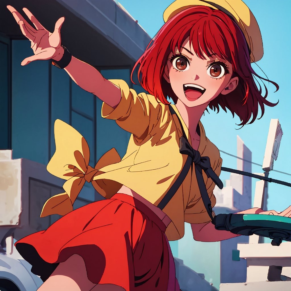 (best quality, masterpiece), 1girl, solo, looking at viewer, smile, short hair, open mouth, skirt, hat, bow, brown eyes, red hair, dated, beret, waving